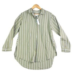 Anthropologie Women Cotton Striped Print Long Sleeve Button Up Top Green S NWT